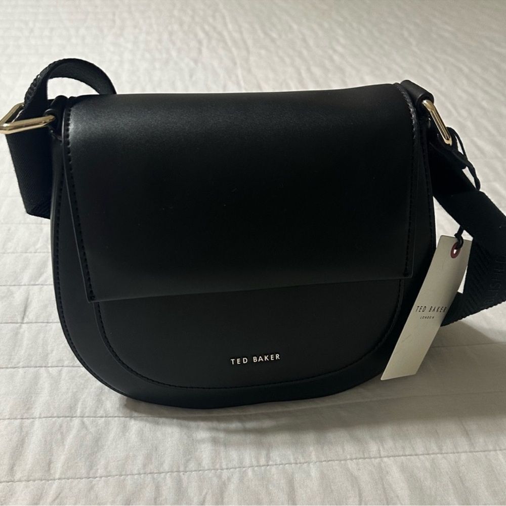 Ted Baker Darcell Black Faux Leather Gold Tone Logo Textured Grosgrain Strap Bag - Picture 15 of 16